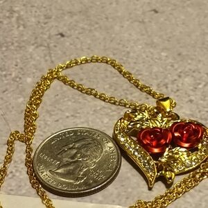 Gold Color Heart and Red Rose Pendant Necklace